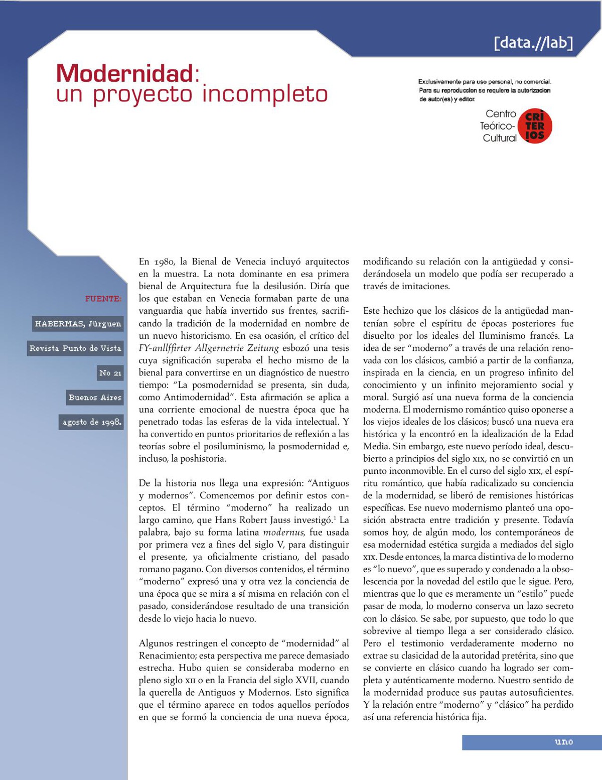 Modernidad: Un proyecto incompleto